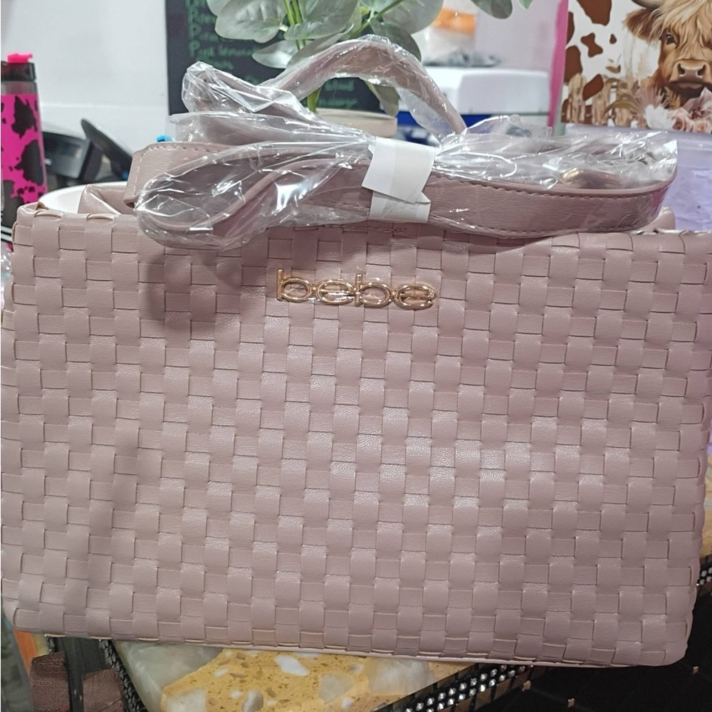 bebe Blush Pink Woven Satchel with Gold Logo